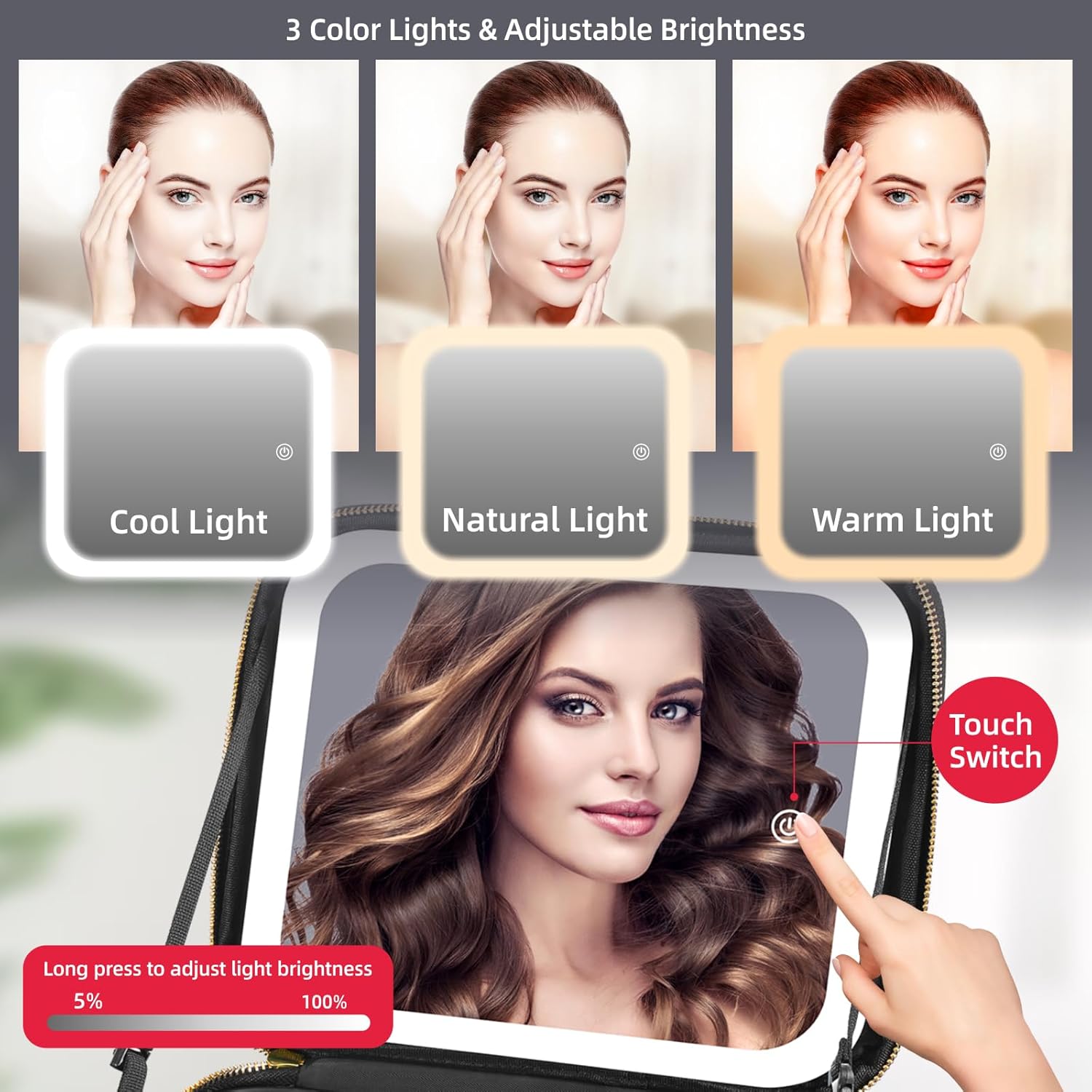 Makeup Bag with Mirror and Light 3 Colors, Travel Make up Bag with Mirror Portable Lighted Makeup Case Organizer Cosmetic Case with 2-Layers Adjustable Dividers & 10X Magnifying Mirror(Black)