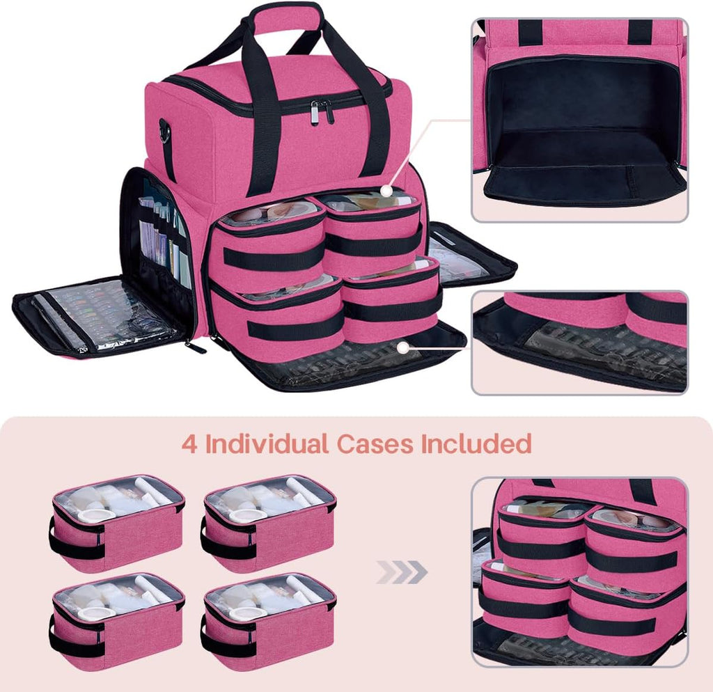 Large Cosmetic Bag with 4 Removable Case and 2 Removable Dividers Double Layer Travel Storage Organizer, Makeup Brushes Storage Section Rose Red