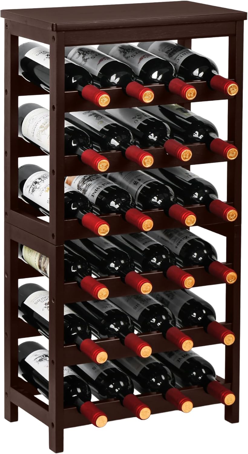 VASMIA Wine Rack Free Standing Floor, 6-Tier Display Wine Storage Shelves with Table Top, 24-Bottle Bamboo Wine Rack Shelf for Kitchen Bar Dining Room Living Room, Brown