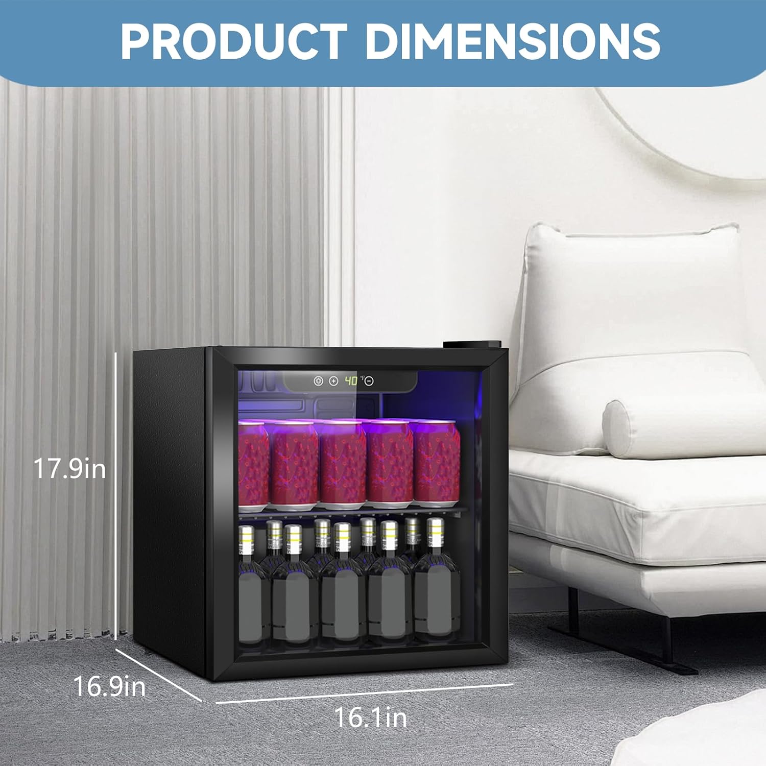 1.3 Cu.Ft Mini Fridge for 60 Cans, Beverage Refrigerator with Glass Door and Digital Display, Small Drink Fridge with Adjustable Shelves for Soda, Beer, Wine, Quiet Compact Fridge for Bedroom