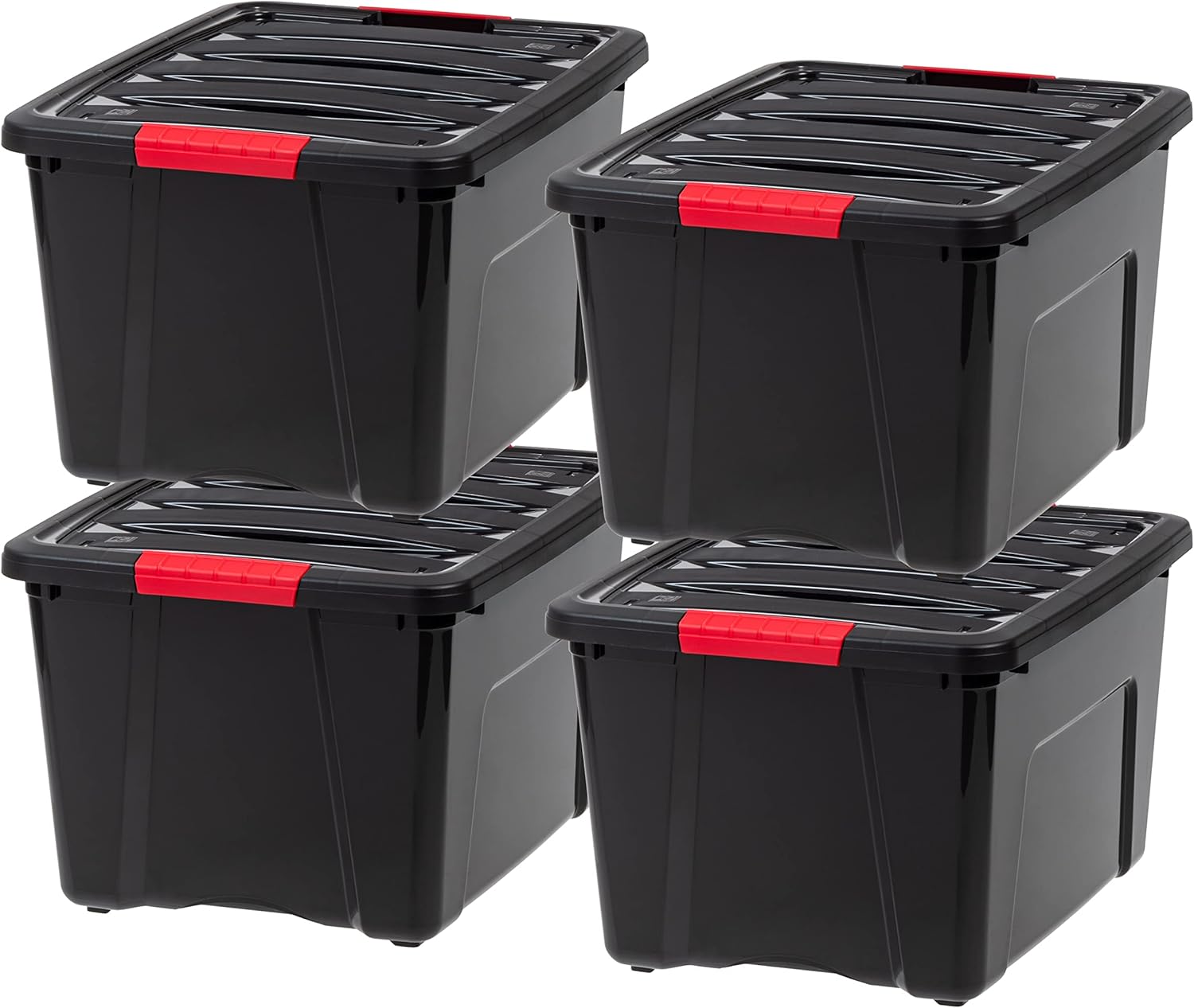 IRIS USA 40 Qt Stackable Plastic Storage Bins with Lids, 4 Pack - BPA-Free, Made in USA - Garage Organizing Solution, Latches, Durable Nestable Containers, Secure Pull Handle - Black
