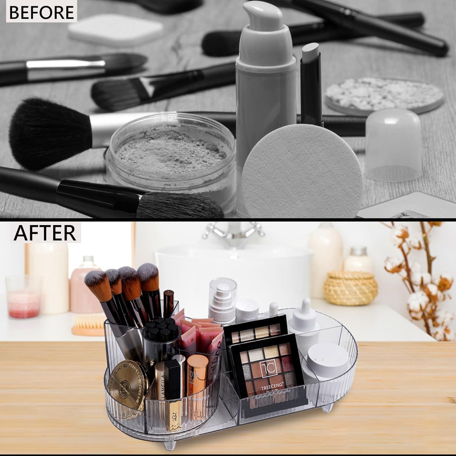 Cosmetic Makeup Storage Organizer, Countertop Makeup Perfume, Rotating Makeup Organizer for Vanity with Brush Holder, Lotions Display Case, Large Spinning Makeup Skincare Organizer (Transparent)