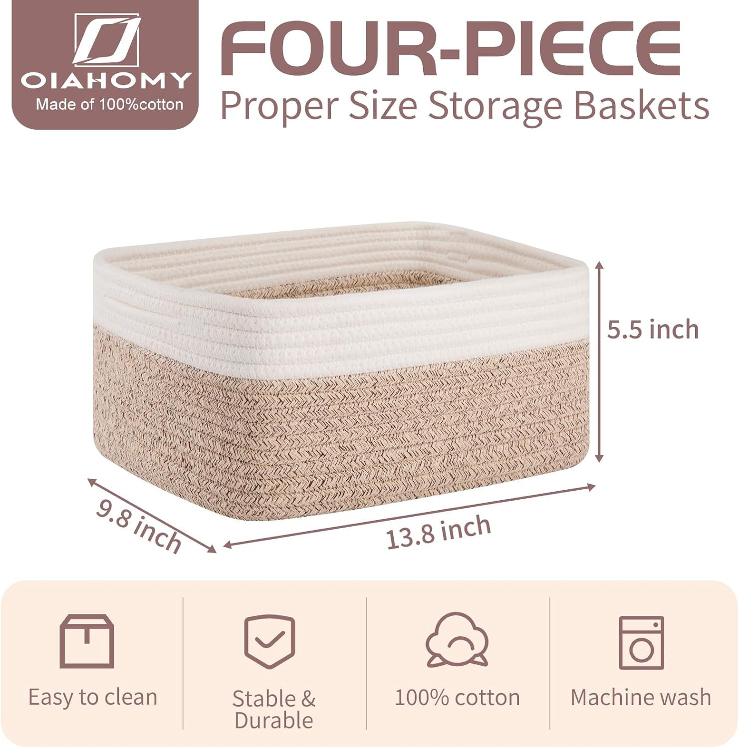 OIAHOMY 4 Pack Storage Baskets for Organizing, Small Bins for Shelves, Cute Decorative Storage Bins, Organizer Baskets for Gifts Empty, 13.8''Lx9.8''Wx5.5''H, Brown/White