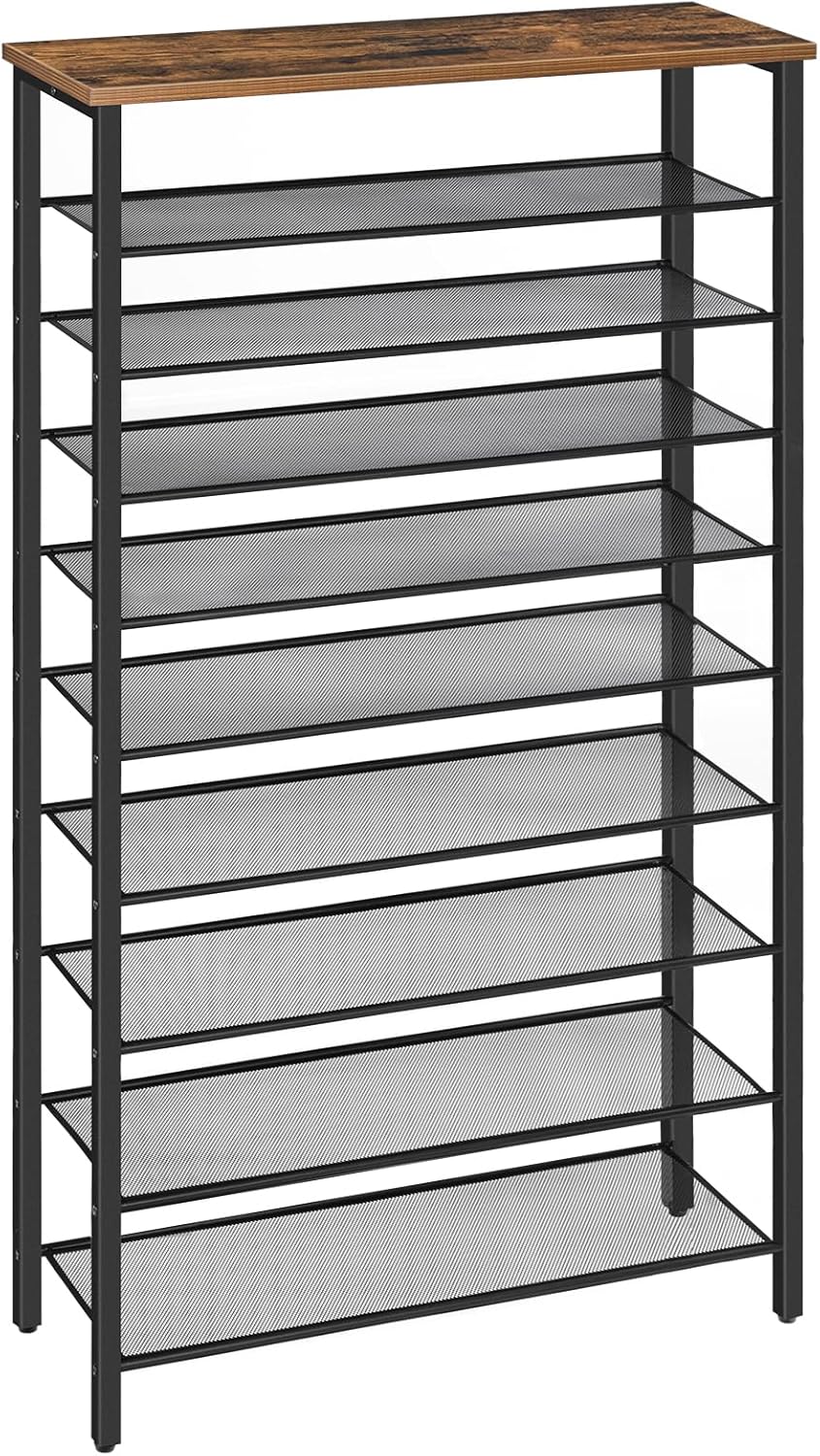 10-Tier Shoe Rack, Shoe Organizer for Entryway, Large Capacity Shoe Shelf, for 36-40 Pairs of Shoes, Stable Sturdy, Shoe Storage with 9 Metal Mesh Shelves, Rustic Brown SRHR1101Z