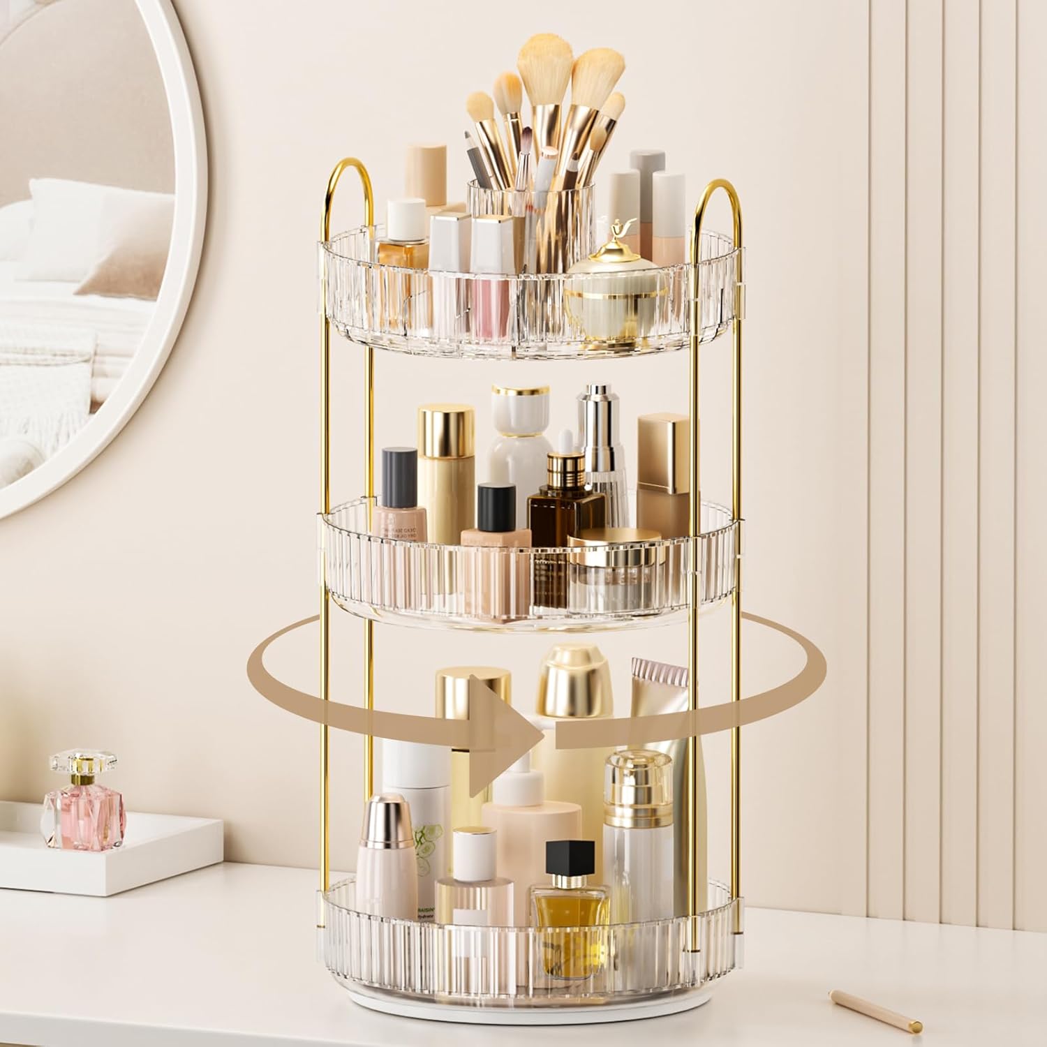 360° Rotating Makeup Organizer, Upgraded 3 Tier Skincare Perfume Organizers for Women, Bathroom Organizer Countertop, Clear Cosmetic Dresser Organizer with Makeup Brush Holder, Sink&Counte (Clear)