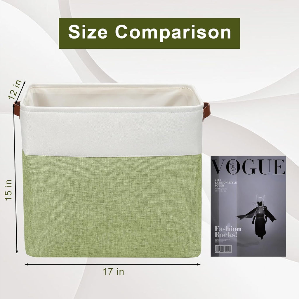 Large Fabric Storage Baskets | 50L Storage Bins, Decorative Linen Closet Baskets with Handles for Organizing, Shelf, Toys, Clothes, Home, Office, Nursery, 17x12x15Inches (Green&White)