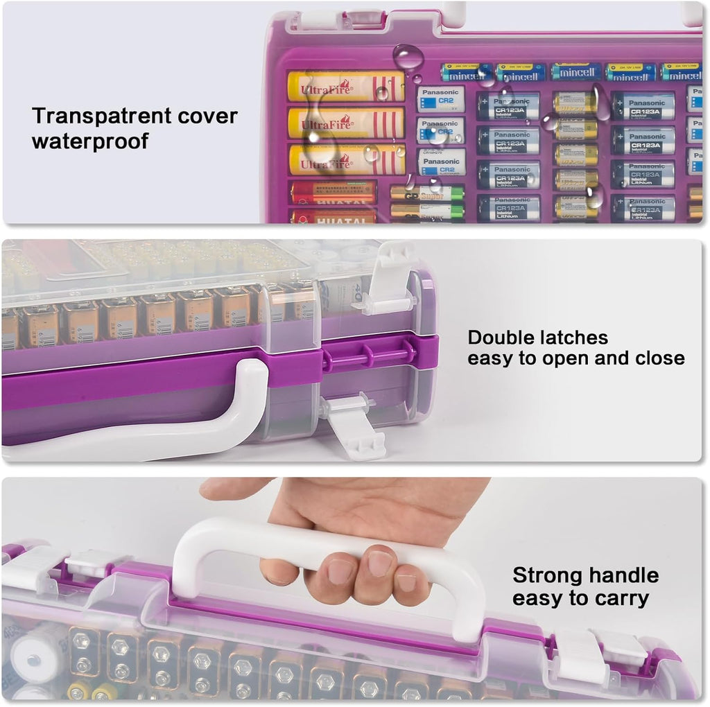 Battery Organizer Storage Holder Case with Double-Sided, Garage Box with Tester Checker. Batteries Container for 269pcs AA AAA AAAA 3A 4A 9V C D Lithium 4LR44 CR2 CR123A CR1632 CR2032 18650 - Purple