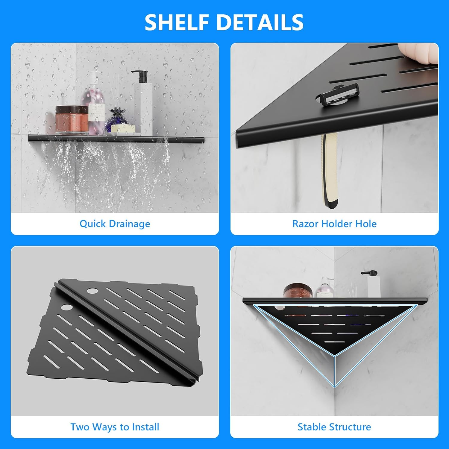 10" Corner Shower Shelves, 2-Pack Matte Black 304 Stainless Steel Shower Shelf with Razor Hole, Rustproof Shower Shelf for Inside Shower, Modern Shelves for Tile Walls, Bathroom Organizer (Black)