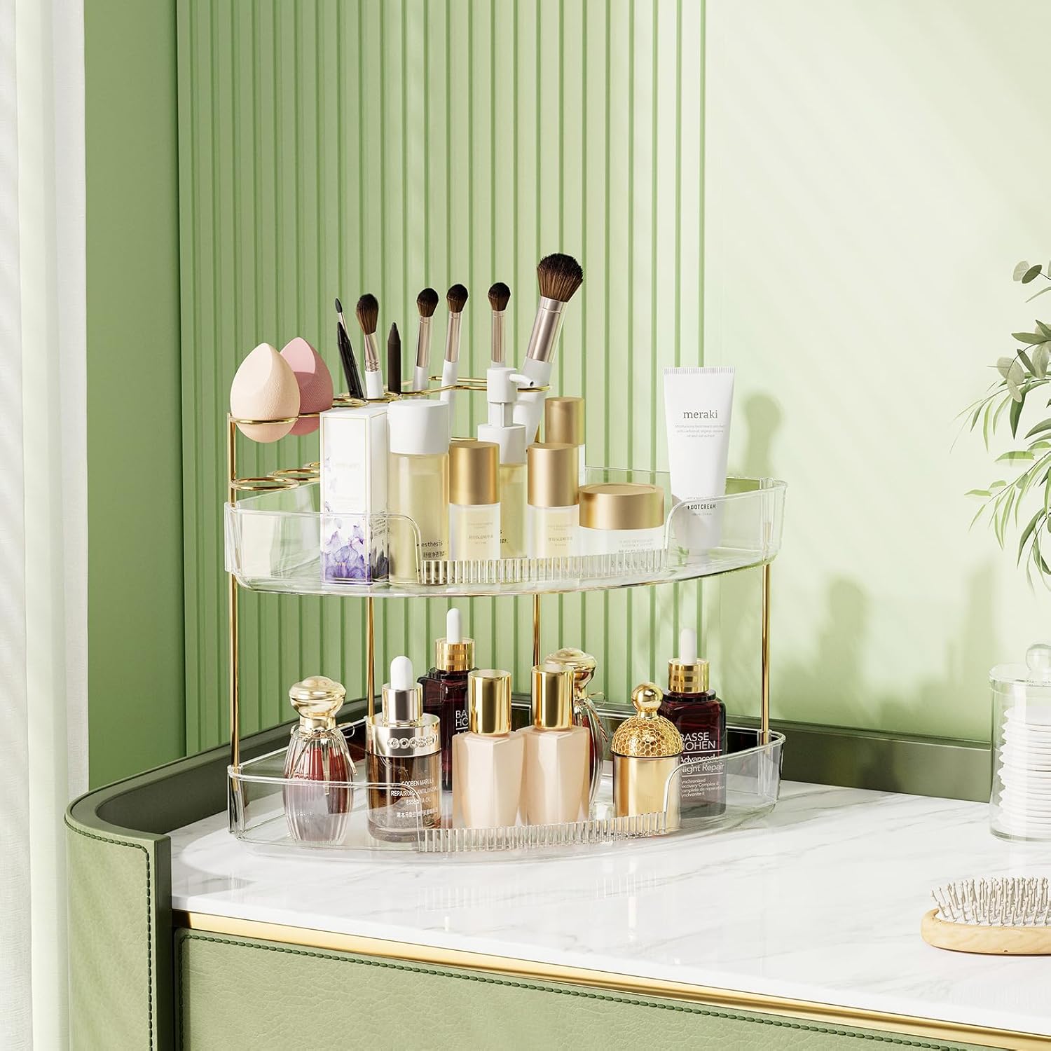 FELIZHOUSE 2-Tier Makeup Organizer for Vanity & Bathroom Countertop – Acrylic Storage Shelf with Perfume Tray & Makeup Brush Holder, Tool-Free Installation, Design for Bathroom & Dresser - Clear