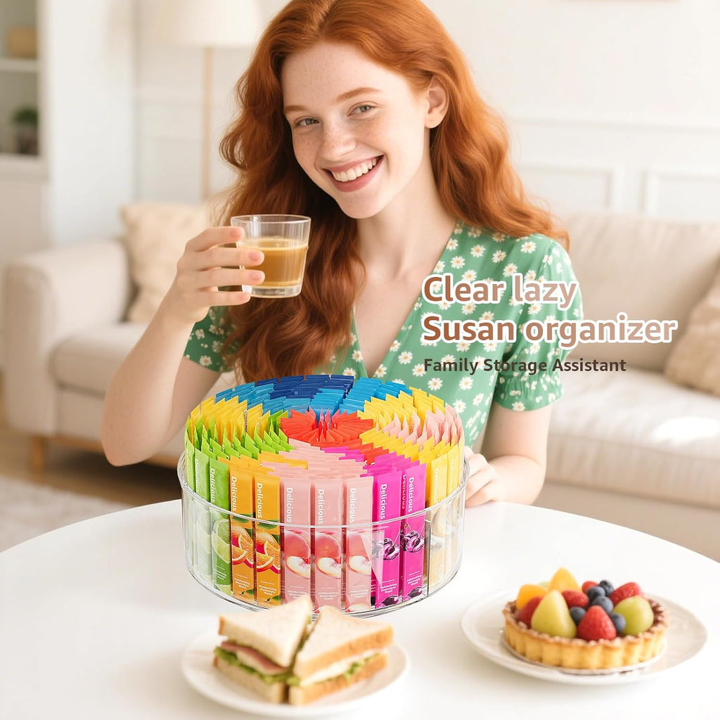 Rotating Drink Mix Organizer, Clear Lazy Susan Turntable for Powder Packet, Water Packet, Water Flavor Packet, Divided Drink Packet Organizer