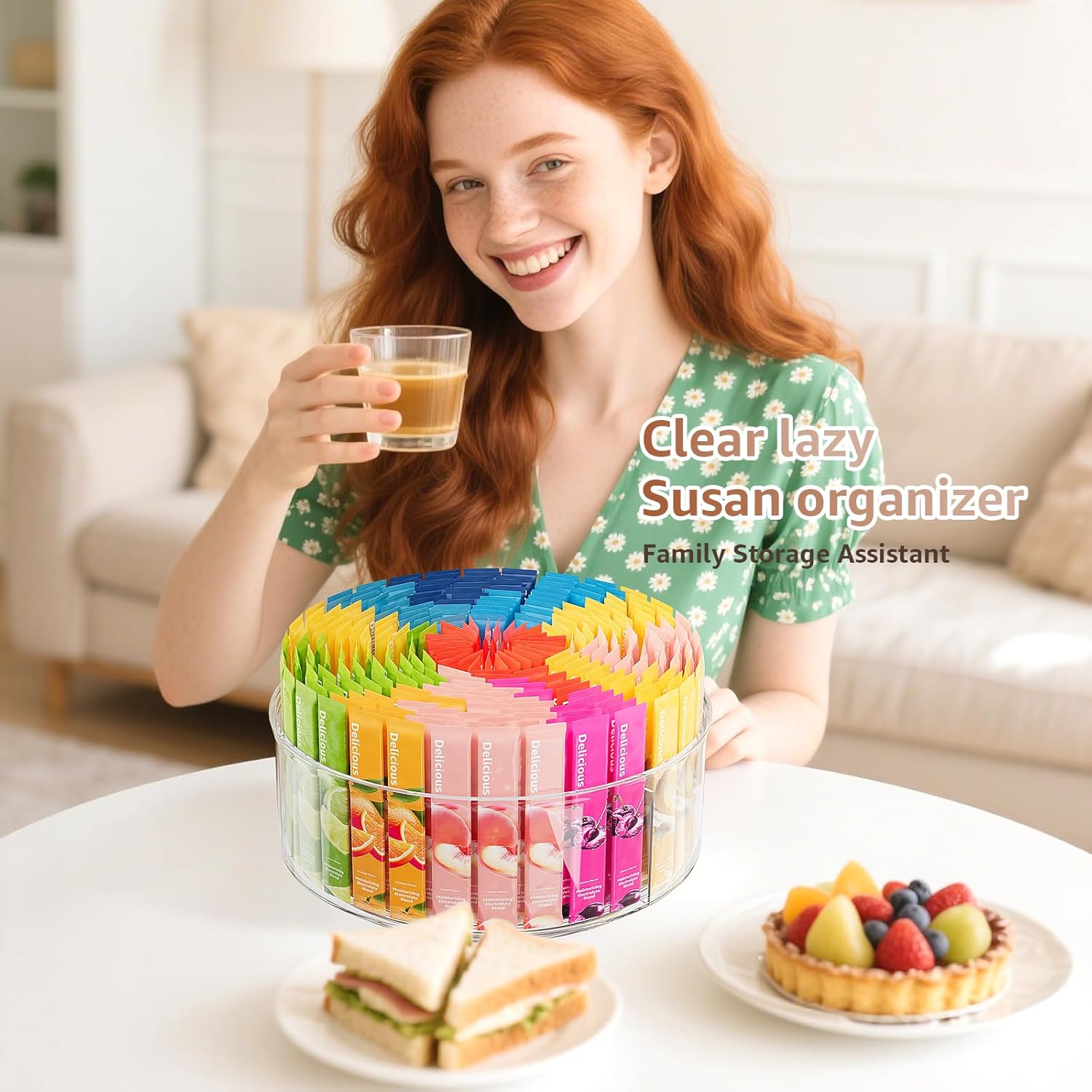 Rotating Drink Mix Organizer, Clear Lazy Susan Turntable for Powder Packet, Water Packet, Water Flavor Packet, Divided Drink Packet Organizer