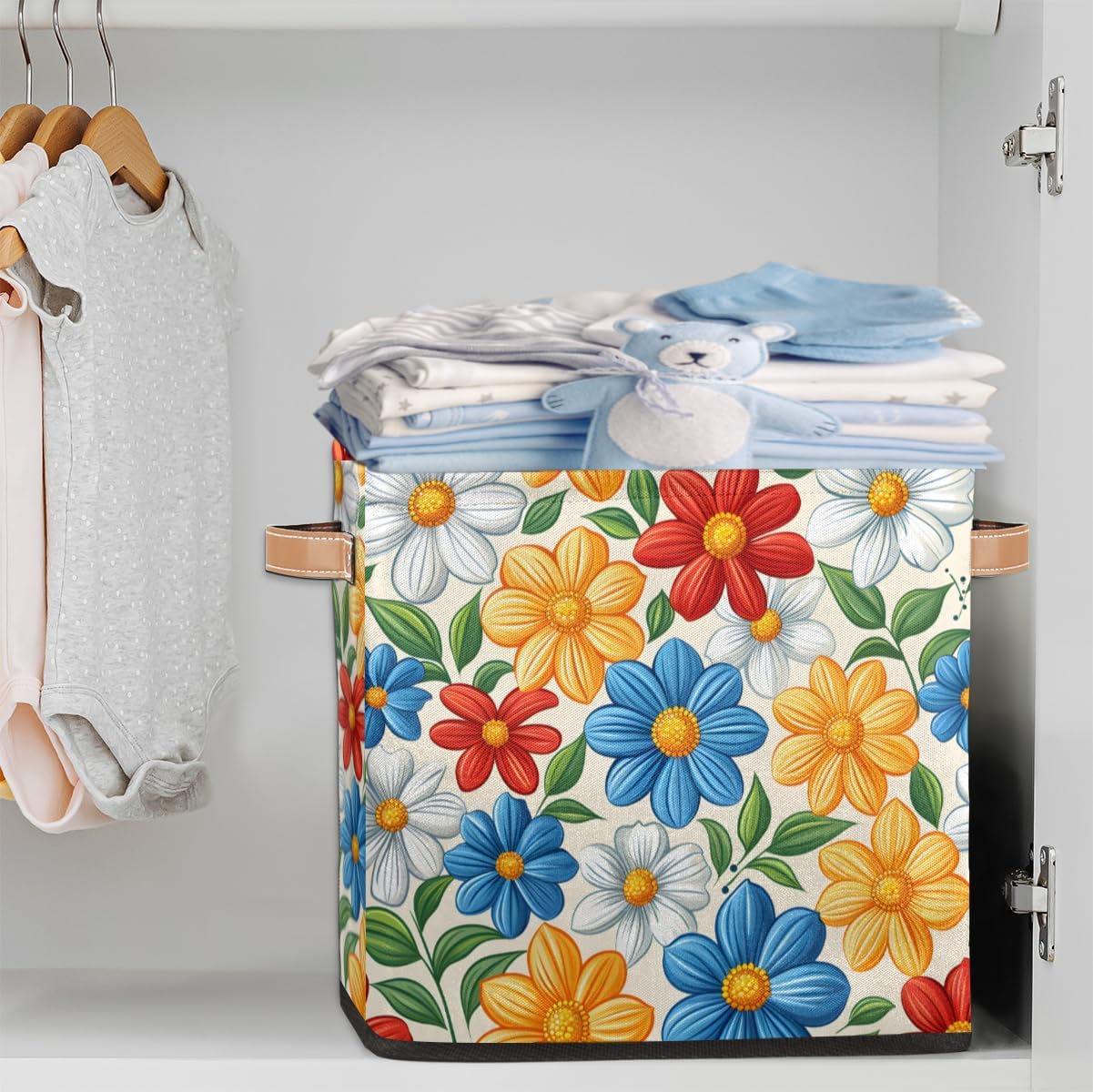 TropicalLife 13x13x13 Inch Large Fabric Storage Cube Boho Flower Foldable Storage Bin with Handles Organizer Boxes Cube Basket for Shelves Organizing Closet