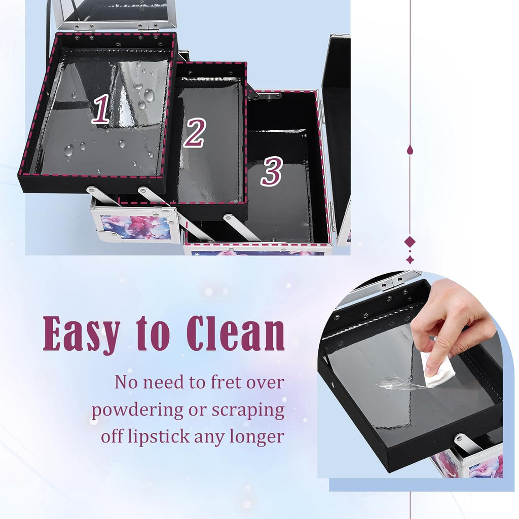 Joligrace Unicorn Makeup Case Oragnizer Portable Travel Makeup Train case 2 Trays Cosmetic Storage with Mirror Locking for Sewing Craft Cosmetologist Artist Supplies Nail Tech Kits Case Pink Blue