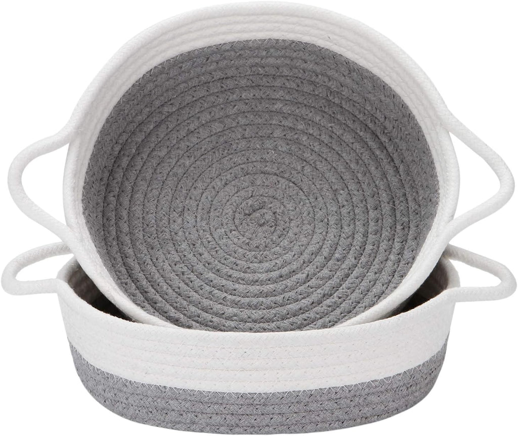 Sea Team 2-Pack Cotton Rope Baskets, 10 x 3 Inches Small Woven Storage Basket, Fabric Tray, Bowl, Round Open Dish for Fruits, Jewelry, Keys, Sewing Kits (Grey & White)