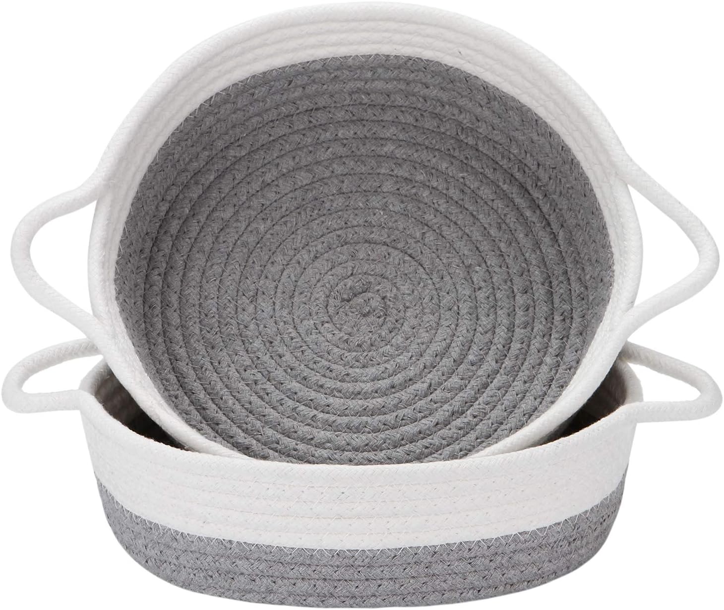 Sea Team 2-Pack Cotton Rope Baskets, 10 x 3 Inches Small Woven Storage Basket, Fabric Tray, Bowl, Round Open Dish for Fruits, Jewelry, Keys, Sewing Kits (Grey & White)
