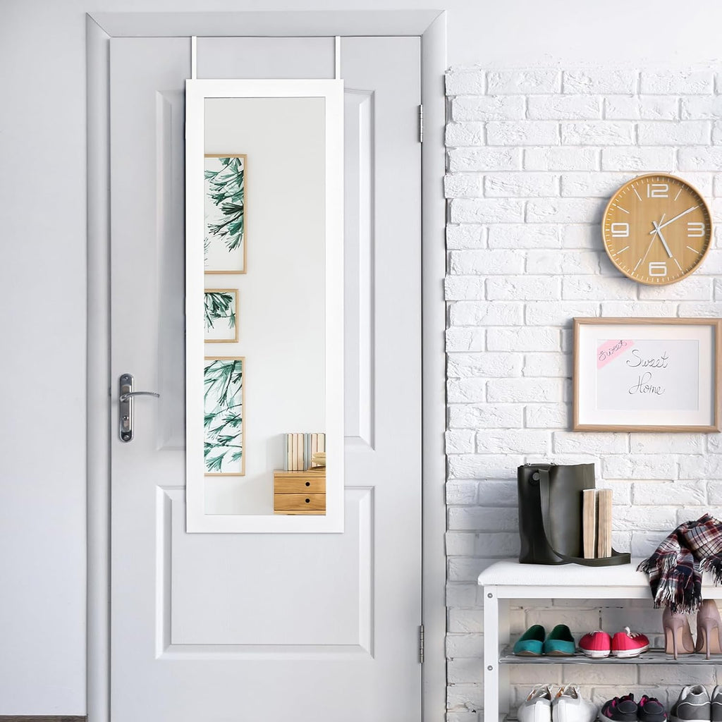 HAPPYGRILL Wall Mounted Jewelry Cabinet with Full Length Mirror, Over The Door Jewelry Organizer w/Built-in Makeup Mirror, Storage Shelves, Door Mounted Jewelry Armoire for Women, Girls(White)