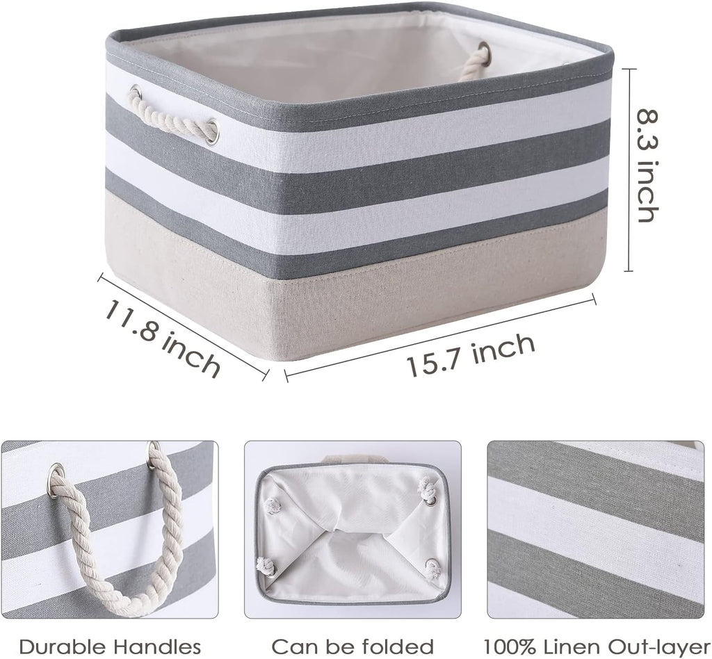 TheWarmHome Storage Basket Fabric Basket with Handles Dog Toy Basket Cloth Storage Bin Shelf Basket Decorative Storage Basket Shoe Basket Gift Basket(Grey&White Stripes-1 Pack,15.7L×11.8W×8.3H)