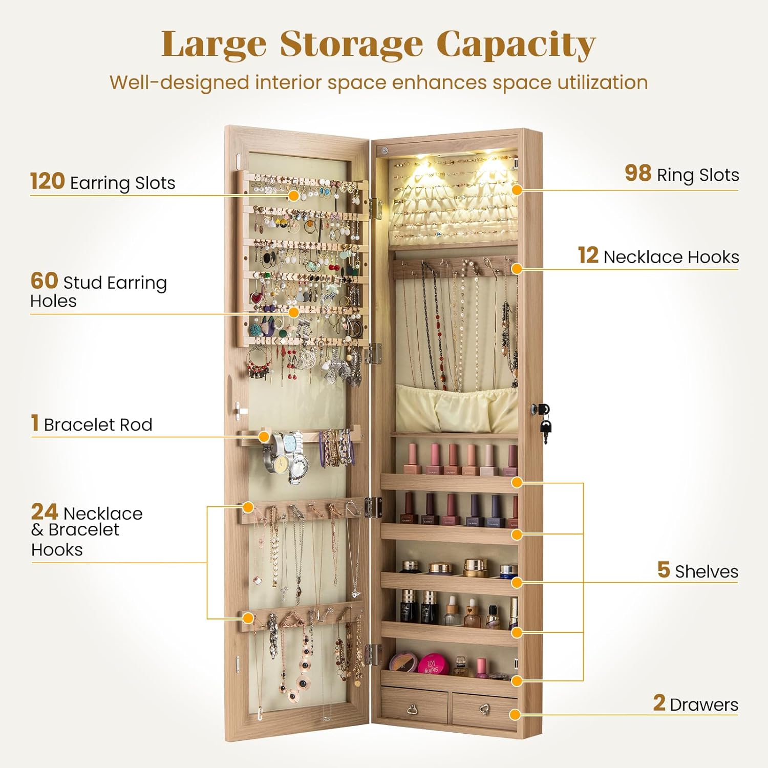 Giantex Wall or Door Mounted Jewelry Armoire with 47.5" Full Length Mirror, Lockable Cabinet with 2 LED Lights, 2 Drawers, Over the Door Large Jewelry Storage Organizer (Light Oak)