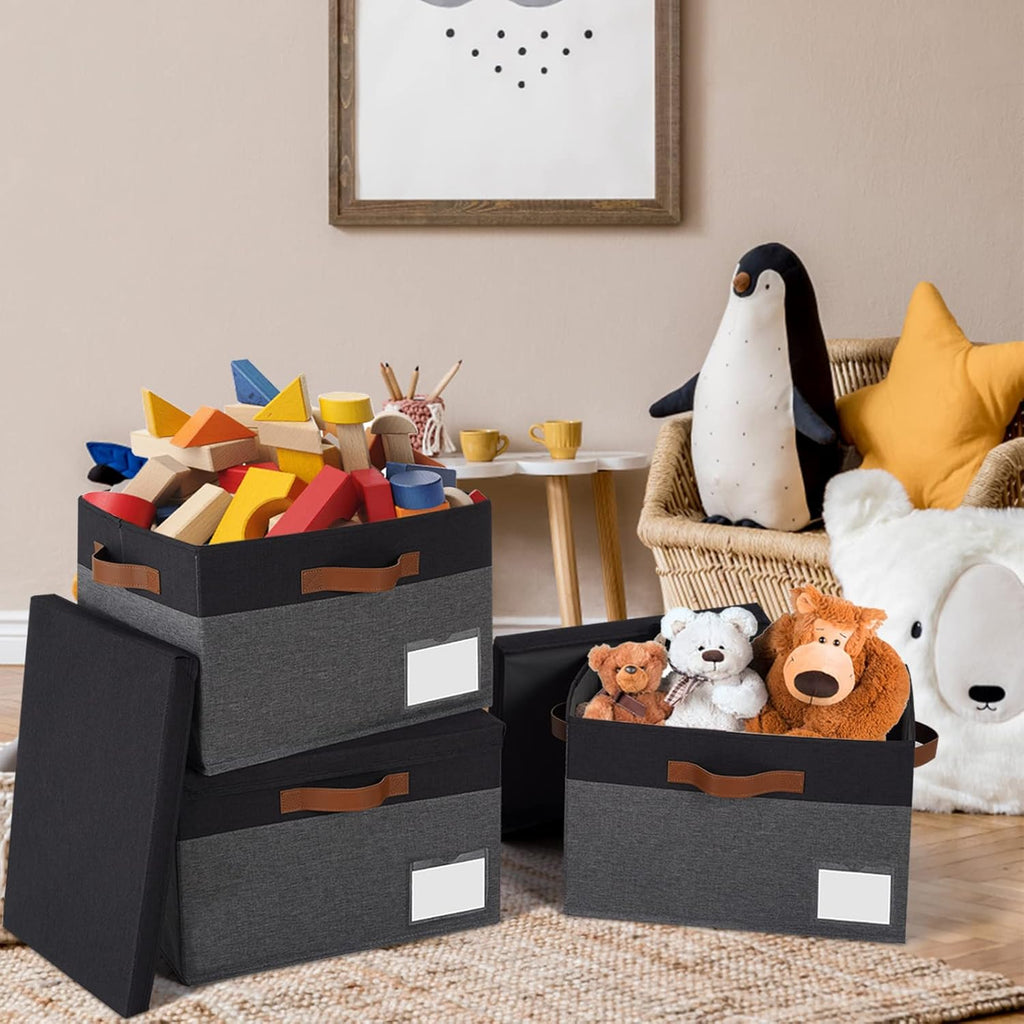 GhvyenntteS Storage Bins with Lids 6 Pack, Large Storage Baskets with Lid and 3 Handles, Foldable Fabric Storage Boxes with Lid and Label for Home Office (Grey&Black, 15" x 11" x 9.7")