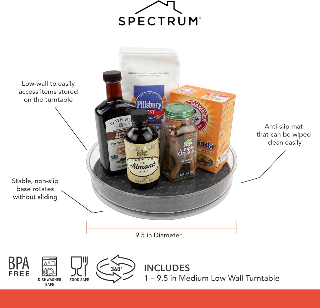 Spectrum Medium Lazy Susan Organizer 9.5 in for Cabinet Refrigerator Pantry Table Rotating Kitchen Storage Spice Rack Fridge Organization, Charcoal Gray Spinning Turntable for Sauces Jams Condiments