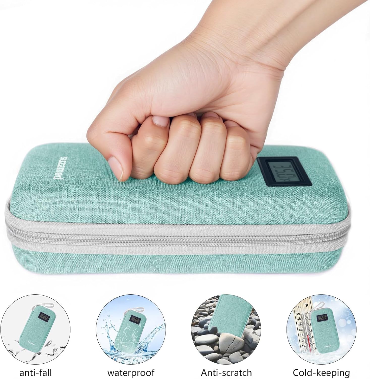 Insulin Cooler Travel Case,EVA Insulation Travel Medicine Kit with Temperature Display for Diabetes Care,Insulin Pen and Other Diabetic Supplies (Green-Temp)