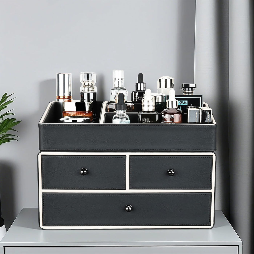 KINGFOM 2 Tier PU Leather Makeup Organizer with 3 Drawers, Cosmetic Storage Organizers for vanity Dresser Countertop and Bathroom Vanity, Beauty Holder for Lipstick Brush Skincare (Black)