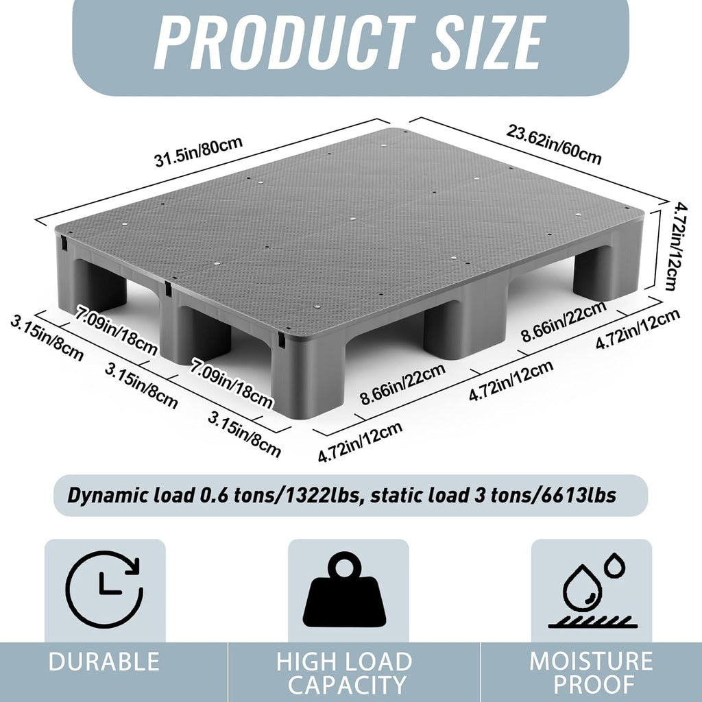 1 Pcs Plastic Pallet for Basement Storage Easy Stack Lightweight Floor Pallet Display Flooring Room Supermarket Christmas, Support up to 2000 Lbs (31.5'' L X 24'' W X 4.7'' H,Grey)
