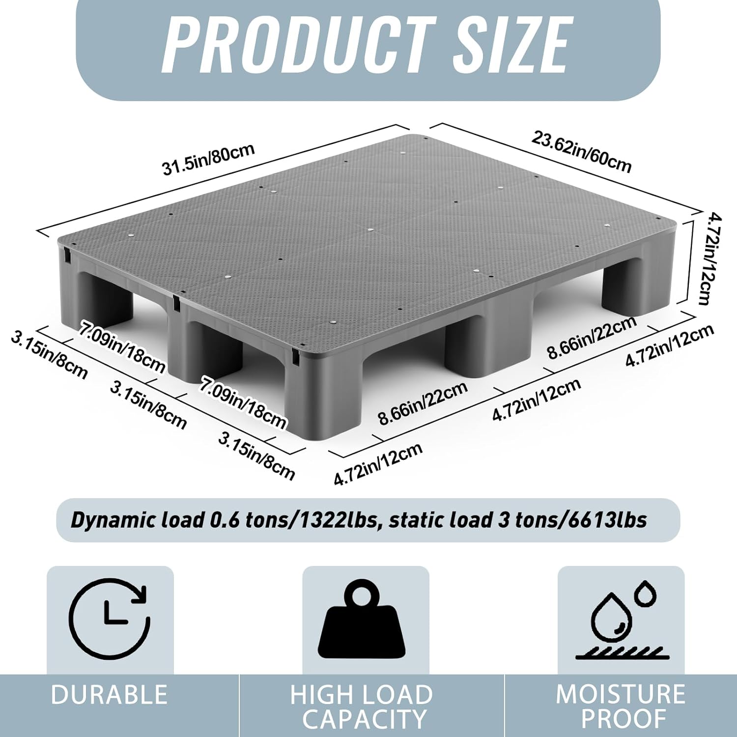 1 Pcs Plastic Pallet for Basement Storage Easy Stack Lightweight Floor Pallet Display Flooring Room Supermarket Christmas, Support up to 2000 Lbs (31.5'' L X 24'' W X 4.7'' H,Grey)