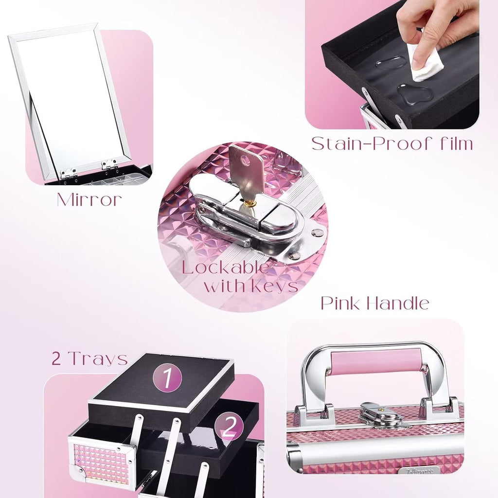 Joligrace Makeup Train Case Makeup Case Organizer Portable Cosmetic Box Storage with 2 Trays Mirror Locking Make Up Travel Case for Nail Kits Cosmetics Craft Traveling Makeup Box Mermaid Pink