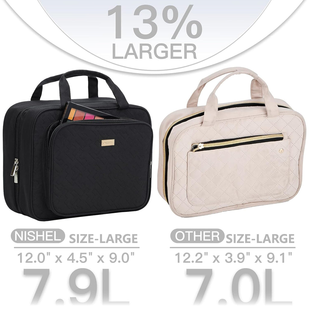 NISHEL Travel Toiletry Bag for Women, Makeup Essentials Organizer, Hanging Case for Accessories, Cosmetics, Large Size, Black