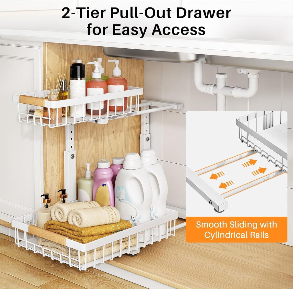 (Small Version)1 Pack Under Sink Organizer,Adjustable Height,2 Tier Pull Out Under Cabinet Organizer,Slide Out Thickened Metal Under Sink Storage for Kitchen Bathroom Laundry Cabinet Pantry,White
