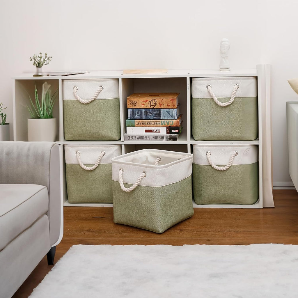 Fabric Storage Cubes, 11 inch cube storage bin with Handles, 11x11cube storage organizer bins, Collapsible Storage Bins for Shelves and Home, Cubby Storage Bins (white-green, 10.5x10.5x11in)