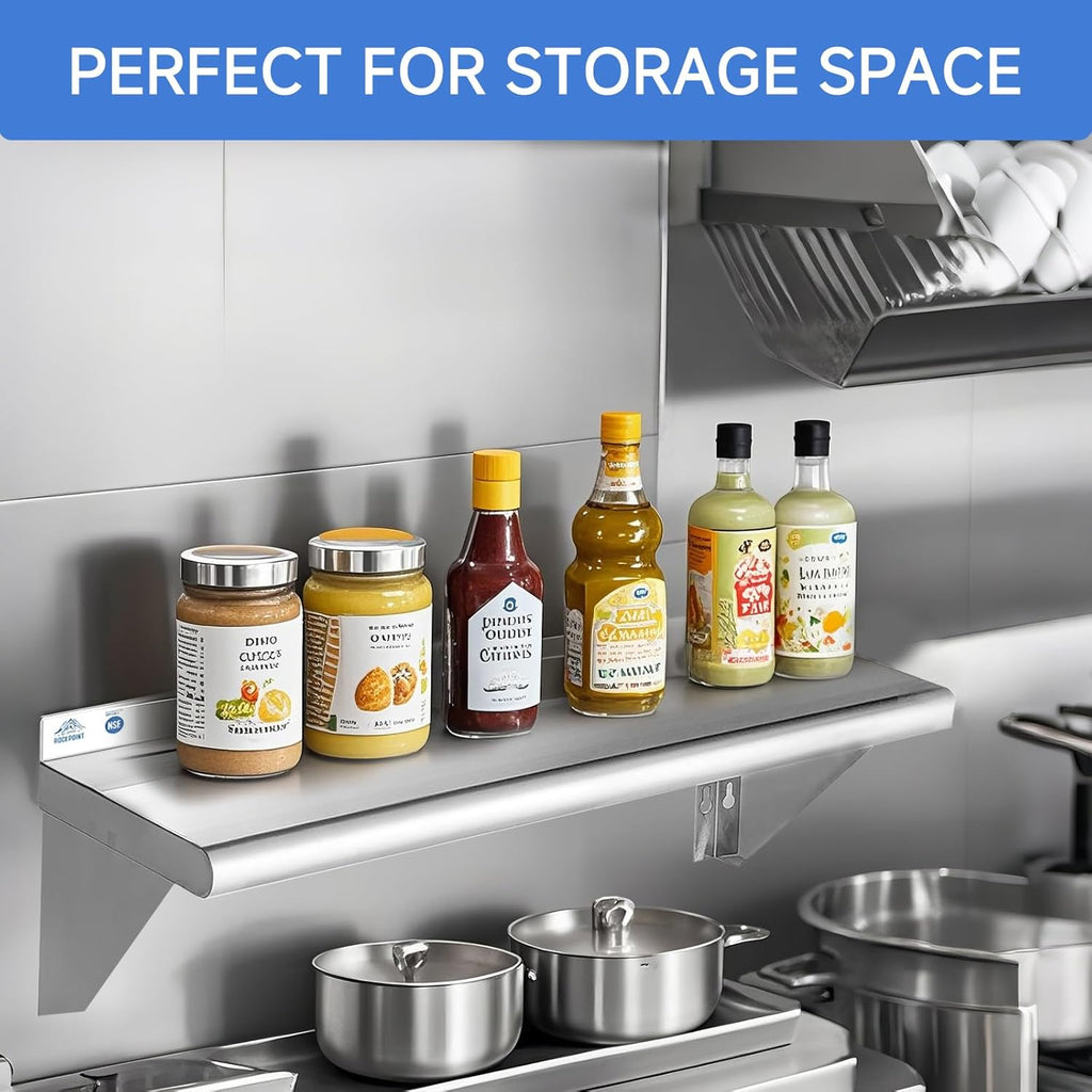 ROCKPOINT Stainless Steel Shelf 14 x 60 Inches 400lb, NSF Metal Commercial Shelves Wall Mount Floating Shelving with Backsplash for Restaurant, Kitchen, Home and Hotel, Silver