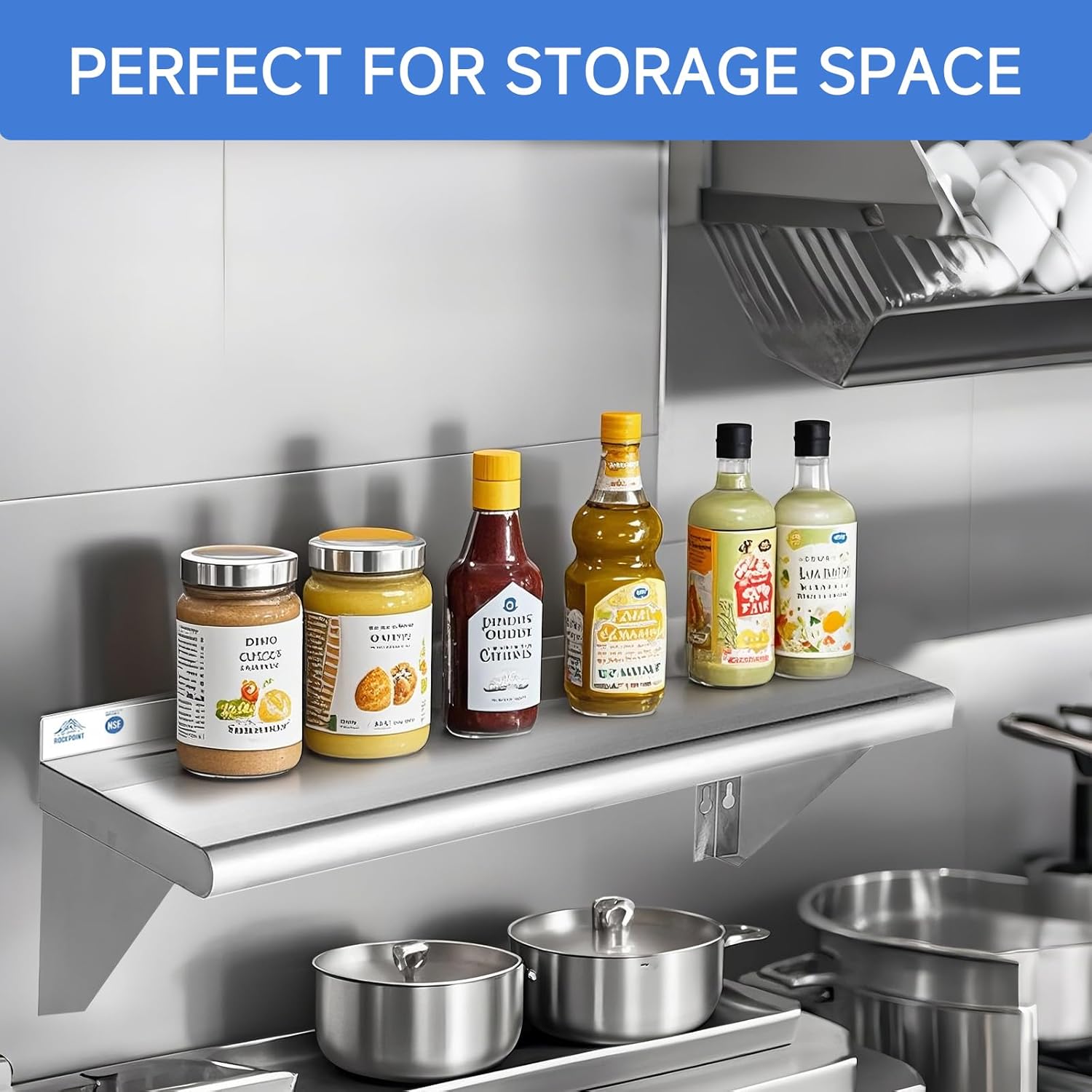 ROCKPOINT Stainless Steel Shelf 14 x 72 Inches 450lb, NSF Metal Commercial Shelves Wall Mount Floating Shelving with Backsplash for Restaurant, Kitchen, Home and Hotel, Silver