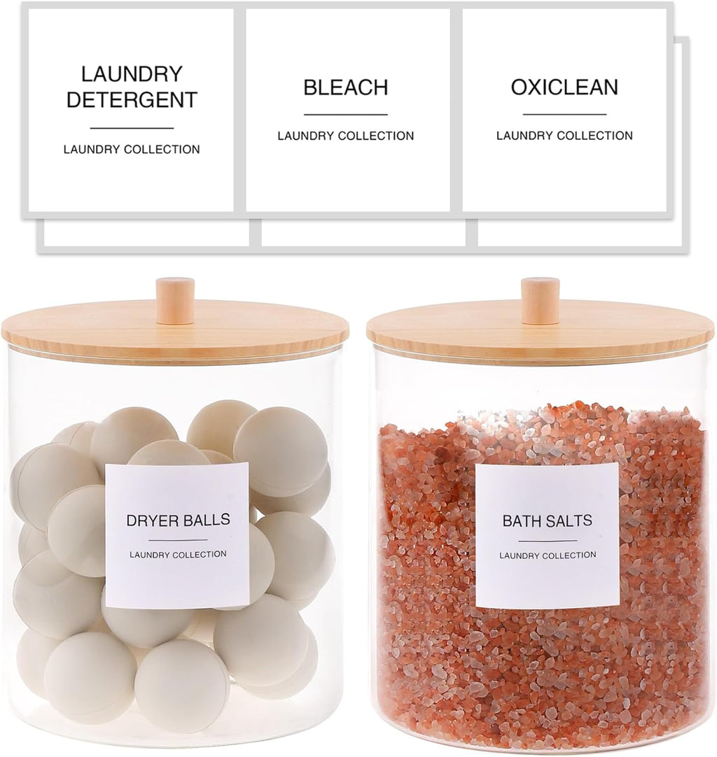 Glass Jars and Acrylic Dryer Sheet Holder, Laundry Pods Container with Bamboo Lid and 27 Labels, Powder Detergent Containers for Laundry Room Organization, Storage Jars Set (3 Pack)
