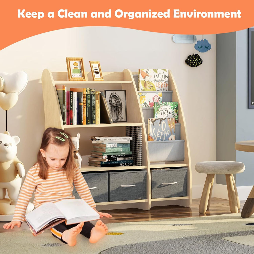 Kids Bookshelf Wood Toy Storage Organizer Cabinet Children Bookcase Toddler Baby Sling Book Rack 3 Cube Bins Sail Boat Arc Shape for Playroom Bedroom Nursery Classroom