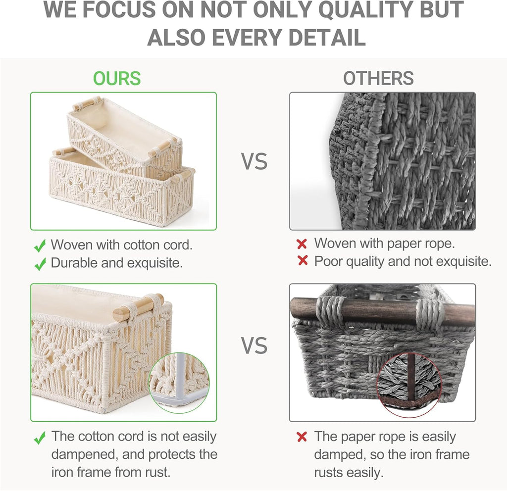 Mkono Macrame Storage Baskets Boho Decor Box Handmade Woven Decorative Countertop Toilet Tank Shelf Cabinet Organizer for Bedroom Livingroom Home, Set of 2, Ivory