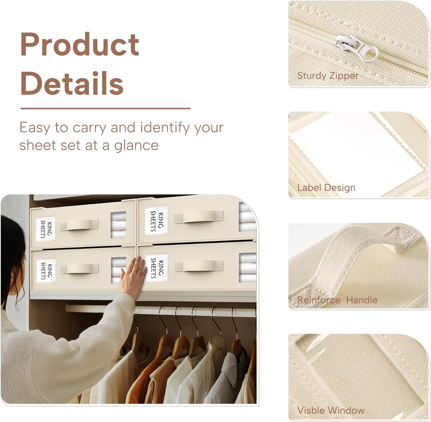 Criusia Bed Sheet Organizers and Storage, 4 Pack Foldable Linen Closet Organizers – Bedding Holder for Sheet Set (King/Queen Sizes), Duvet Covers, Blankets (Beige)