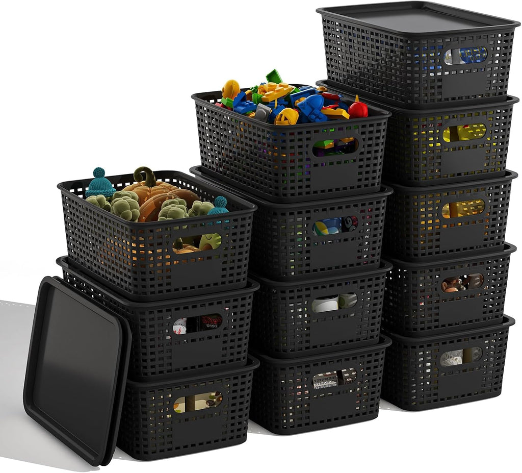 Black Plastic Storage Baskets with Lids 12 Pack Stackable Storage Bins Containers for Shelves Organizing, Cute Decorative Storage Boxes for Classroom, Playroom, Closet, Pantry