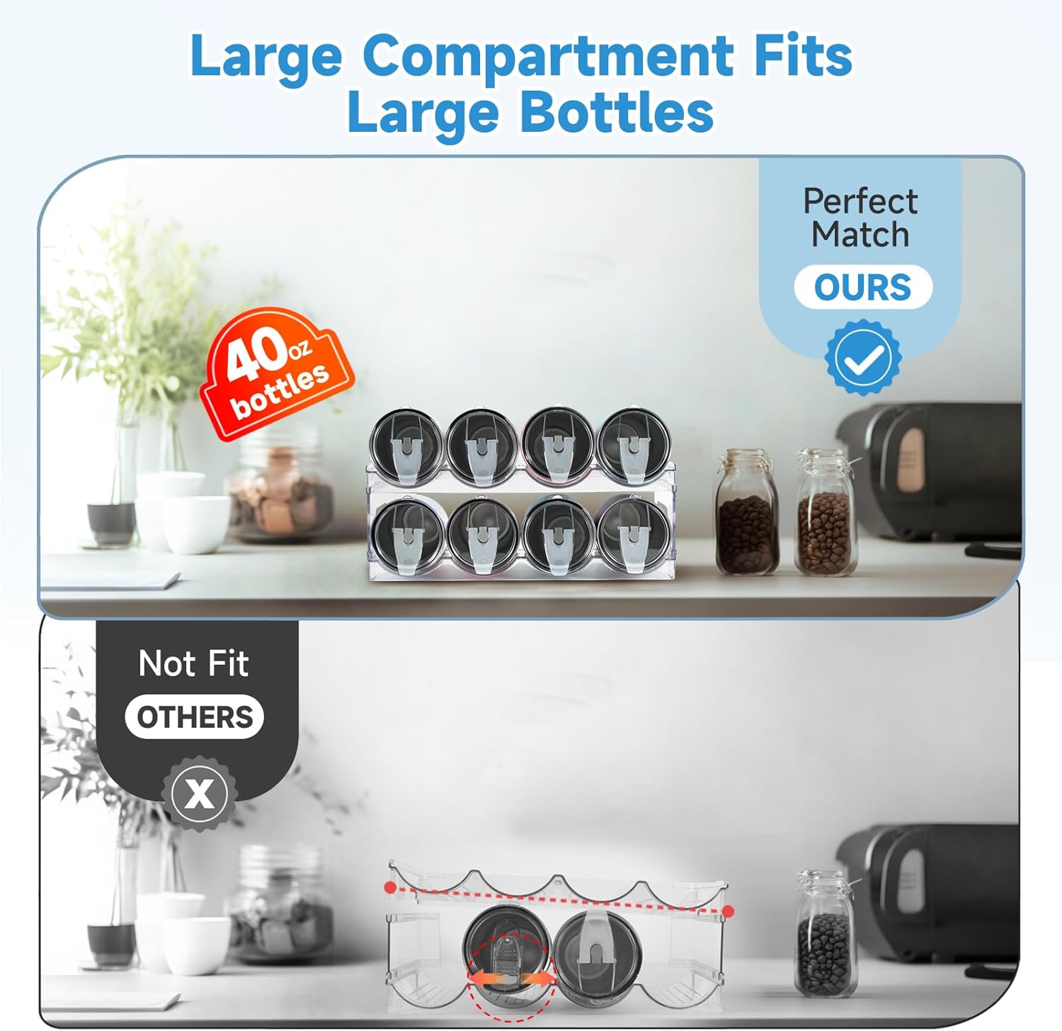 Large Compartment Water Bottle Organizer,2 Tier Stackable Water Bottle Rack for Cabinet,Tumbler Storage Organizer for Kitchen,Fridge,Cabinet Organization and Storage