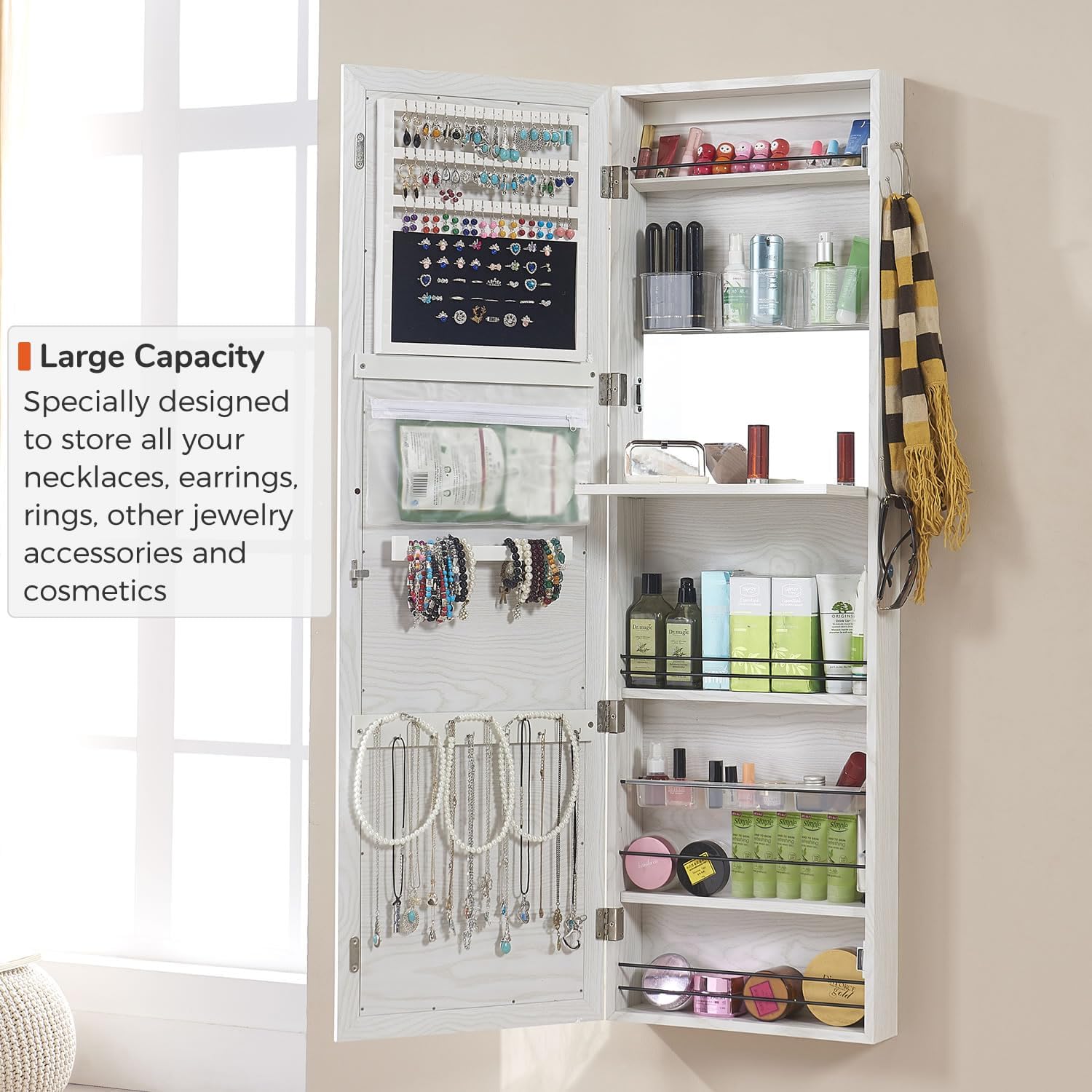 GISSAR Jewelry Mirror Armoire Wall Mount Over The Door Cabinet Storage Organizer Lockable Full Length Door Mirror(White)