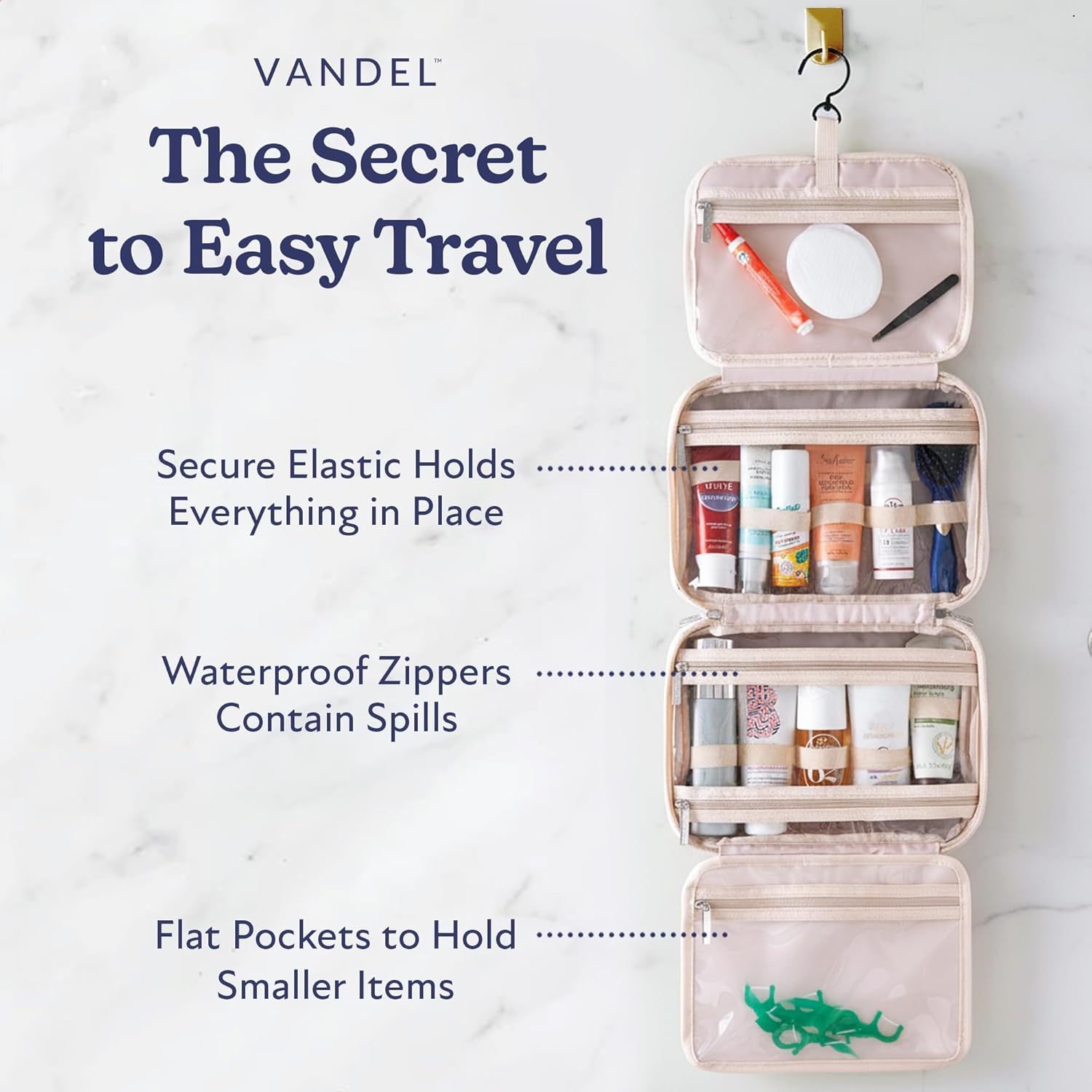 VANDEL Waterproof Hanging Toiletry Bag for Travelling, Hanging Makeup Organizer Bag, Cosmetic Travel Bags for Women Travel Toiletry Bags, Makeup Case Toiletries Organizer Hygiene Bathroom Shower Caddy