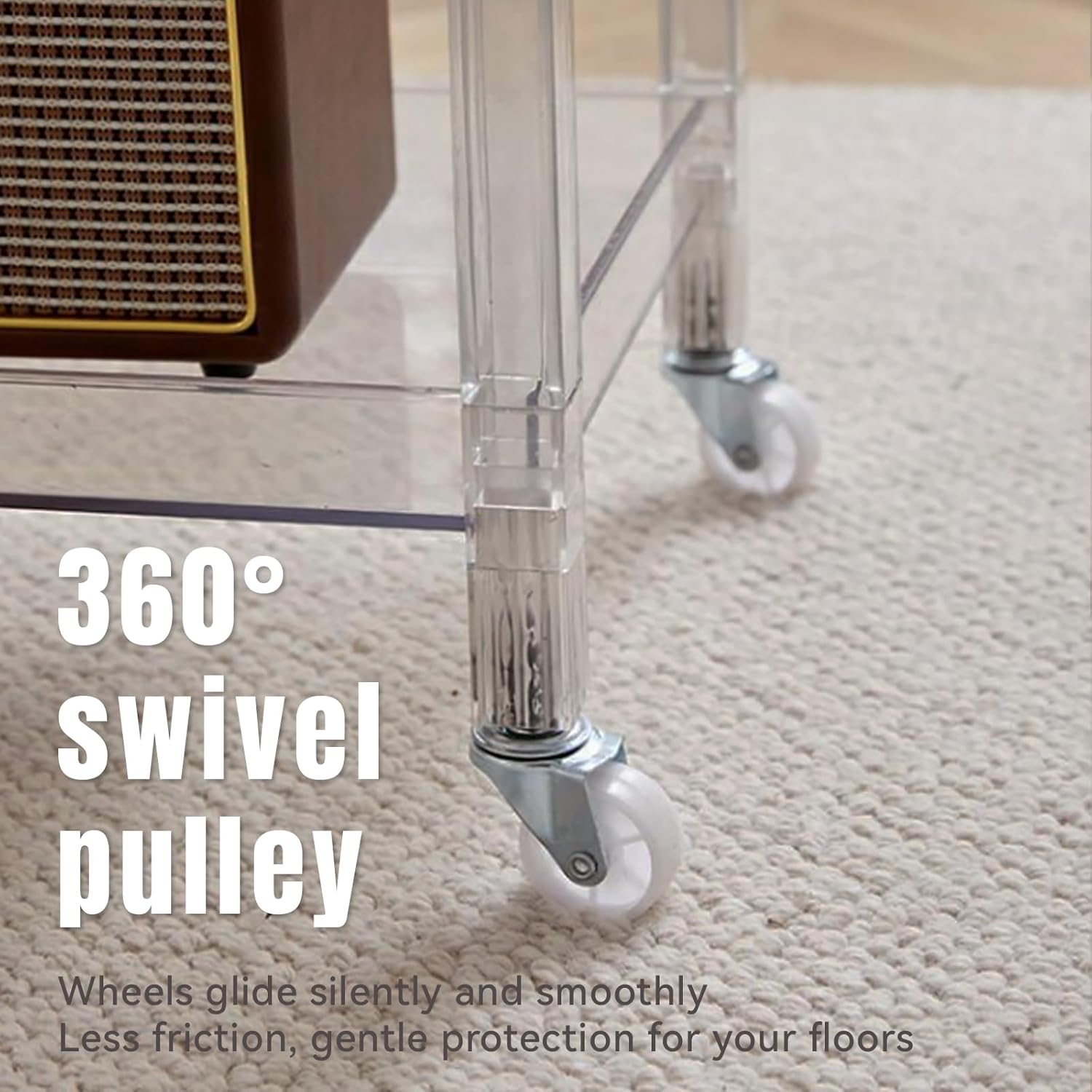 Acrylic Utility Rolling Cart, 3-Tier Clear Acrylic Storage Cart with Pulling Handle & 4 Wheels for Kitchen Dining Bathroom Laundry, Multifunction Serving Trolley for Small Spaces (Transparent)