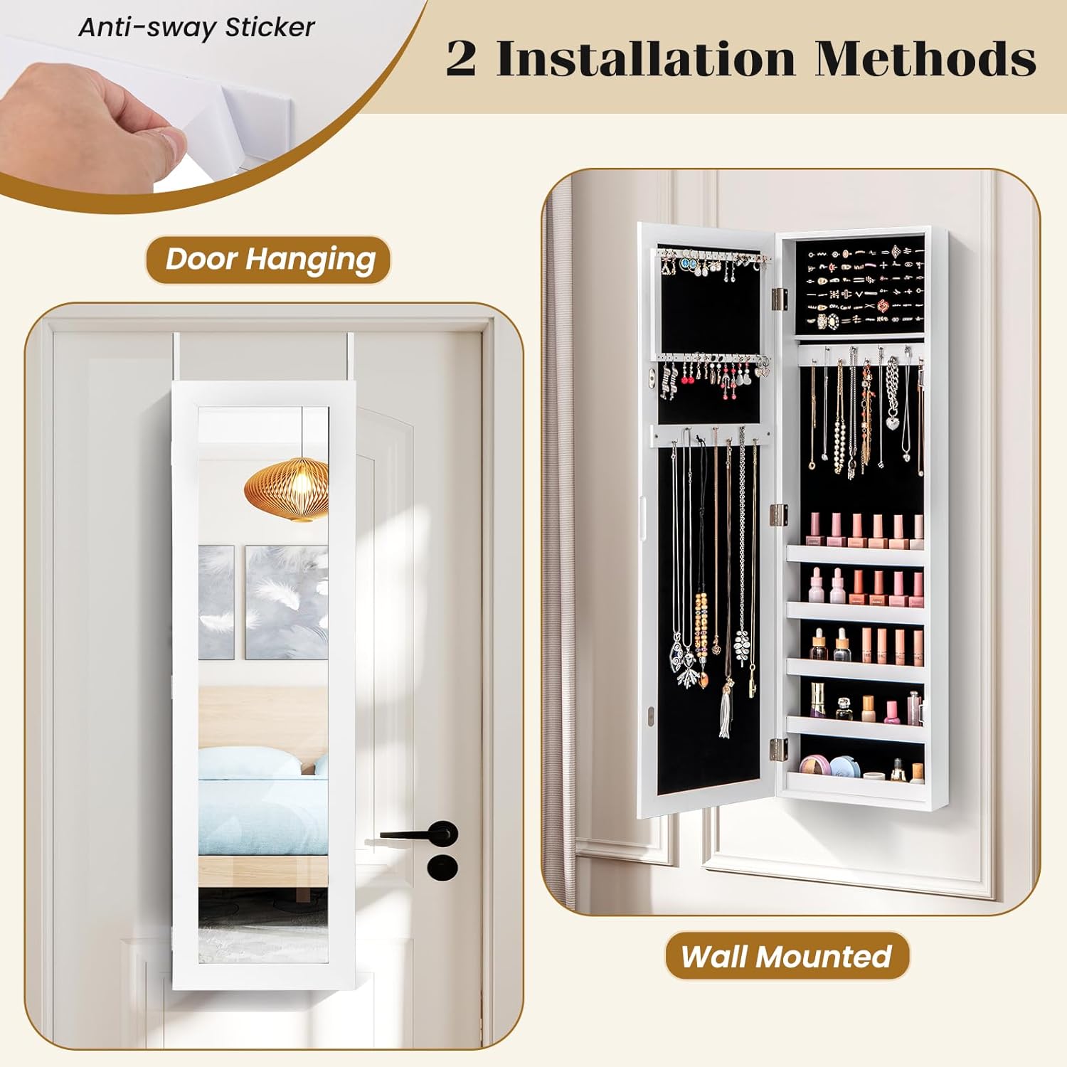 Giantex Wall or Door Mounted Jewelry Cabinet with Full Length Mirror, Over The Door Jewelry Armoire Organizer, Hanging Storage Cabinet with Necklace Hooks, Earring Slots, Ring Slots & Shelves (White)