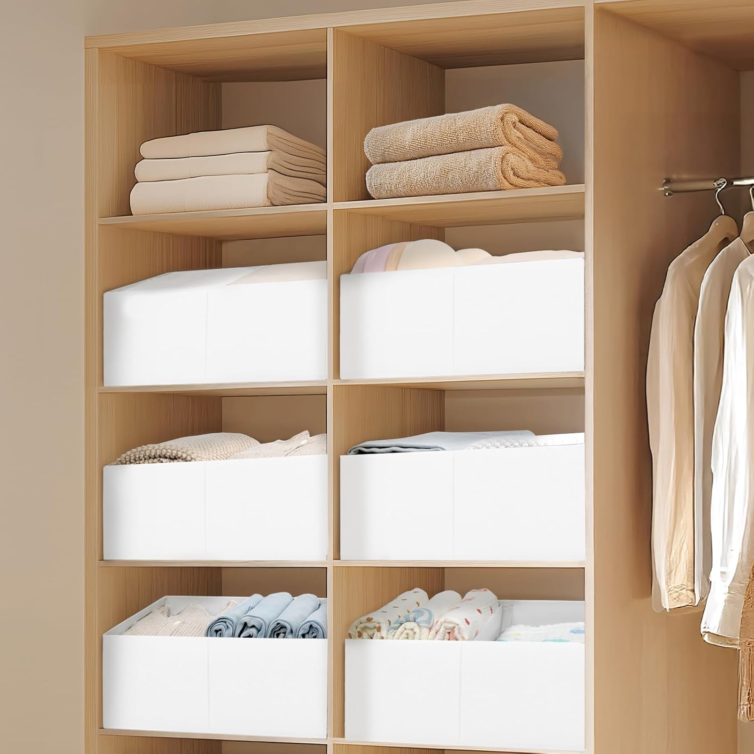 DIMJ Large Closet Shelf Organizer Bins 4 Packs with Handles and Divider, Fabric Trapezoid Storage Baskets, Foldable Clothes Containers Box for Shelf, Towel, Book, Toy, Purse, Hats, White