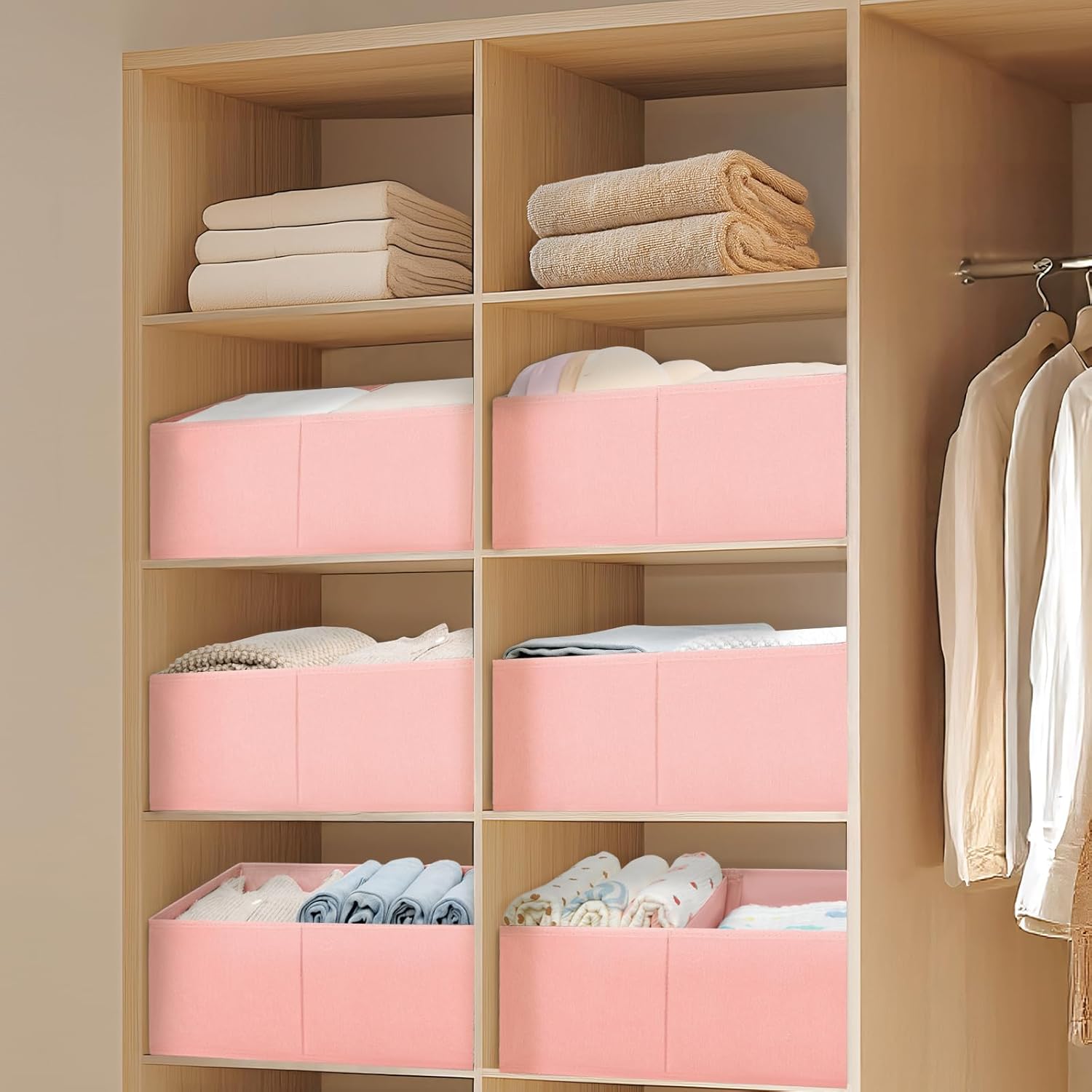 DIMJ Large Closet Shelf Organizer Bins 4 Packs with Handles and Divider, Fabric Trapezoid Storage Baskets, Foldable Clothes Containers Box for Shelf, Towel, Book, Toy, Purse, Hats, Pink