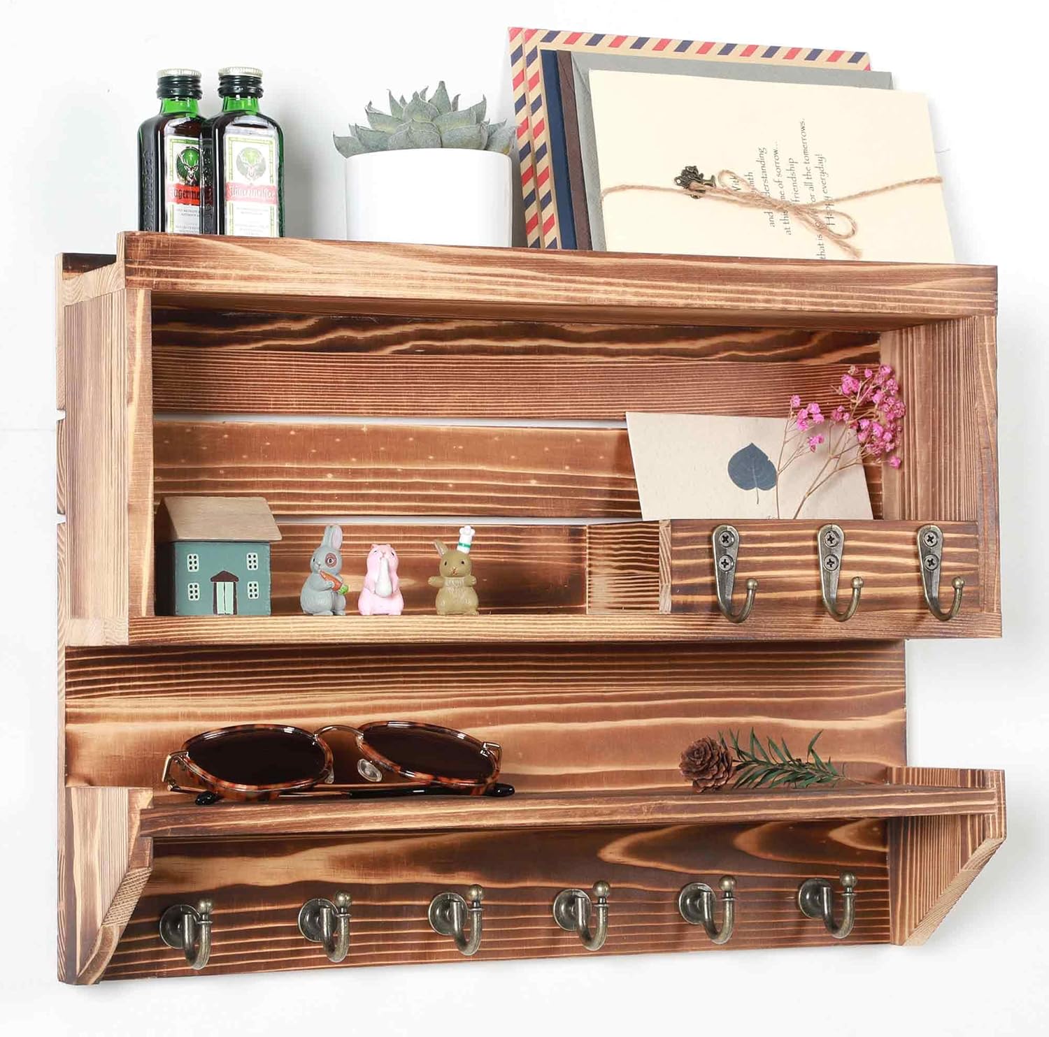 Innovation Key and Mail Holder for Wall, Key Holder Wall Mount, Mail Organizer with 9 Hooks, Light Brown