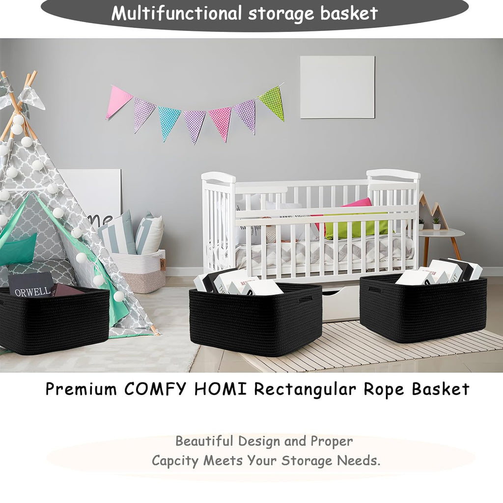 COMFY-HOMI 3 pcs Large Storage Baskets for Shelves, Laundry Basket, Woven Rope Basket, Closet Organizer Bins for Clothes Blanket Towels, Baby Nursery, Gift Toy Baskets, 17” x 13” x 7.5”-Black