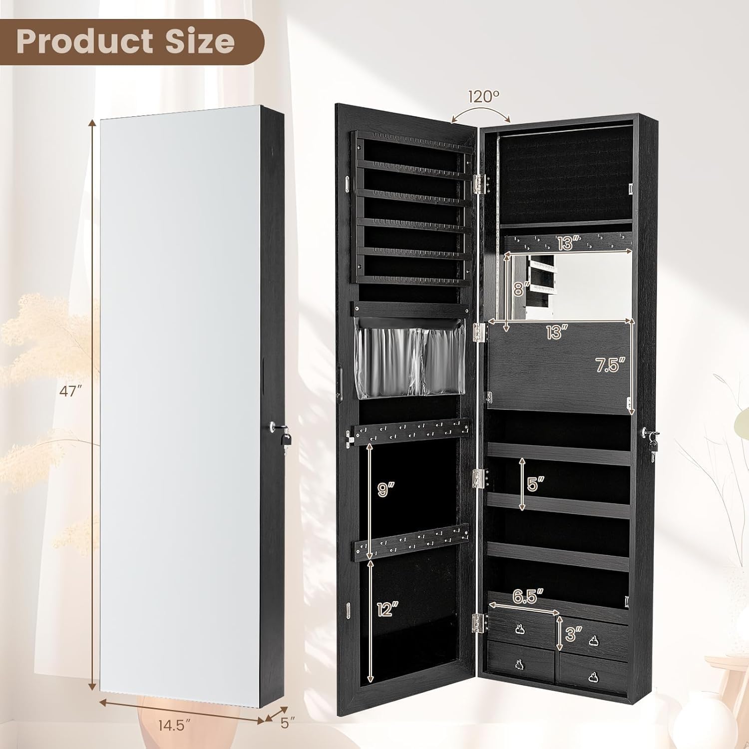 LDAILY 47” LED Jewelry Armoire, Door/Wall Mounted Mirror with Storage, 4 Shelves, 4 Drawers, Full Length Mirror & Flip-up Makeup Tray, Lockable Jewelry Organizer Cabinet for Women & Girls, Gift(Black)