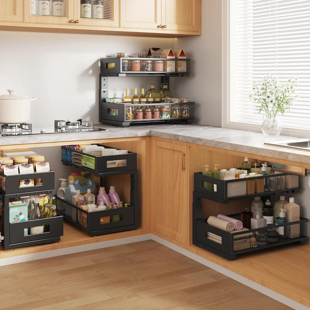 1 Pack 17IN Depth Under Sink Organizer, 2-Tier Pull Out Cabinet Organizer With Smooth Circular Rail, Large Capacity Metal Mesh Sliding Drawers For Bathroom& Kitchen Storage,Height Adjustable –Black